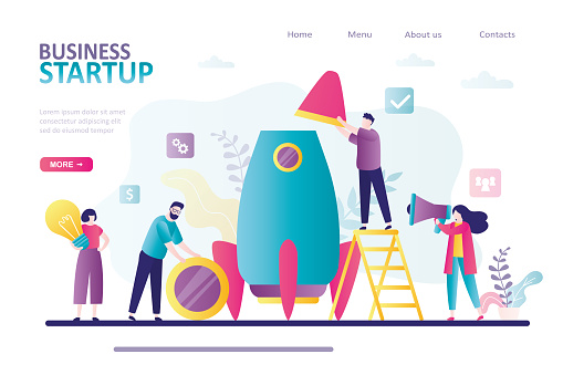 Team builds spaceship together. People preparing to launch project. Concept of business development. New project startup process. Men holds parts of rocket. Landing page template. Vector illustration
