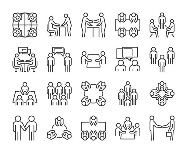 ilustrações de stock, clip art, desenhos animados e ícones de team icon. meeting line icons set. vector illustration. - table