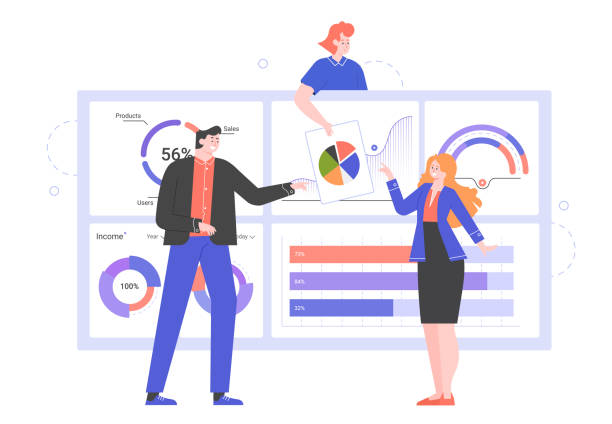 Team of colleagues next to an information dashboard. Financial data, analytics, economic analysis. Annual report of the company on income and expenses. Business Characters. Vector flat illustration. Team of colleagues next to an information dashboard. Financial data, analytics, economic analysis. Annual report of the company on income and expenses. Business Characters. Vector flat illustration. big data stock illustrations