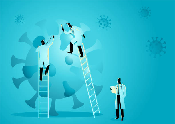 Team of doctors analyzing virus Vector illustration of team of doctors analyzing virus, coronavirus, covid-19 laboratory silhouettes stock illustrations