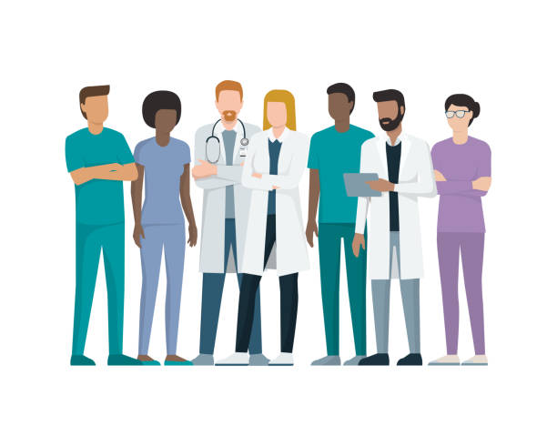Team of doctors Multiethnic team of doctor and nurses standing together, healthcare and medicine concept medical occupation stock illustrations