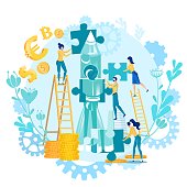 Team Picks Business Idea Together, Vector Cartoon. Young Workers Labor Together to Create New Project. They Assemble Rocket out Puzzle Particles. Near, Large Coins and Signs Money.