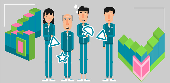 Team players to game in uniform with figure elements star, umbrella, triangle. Vector illustration in flat art