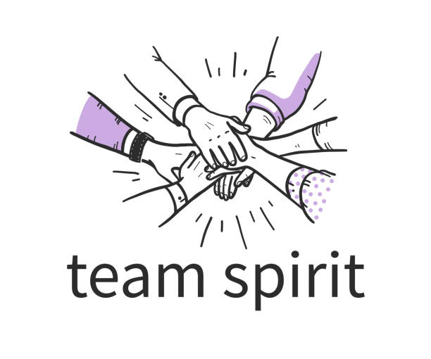 Team spirit concept with human hands holding together isolatex on white background. Team spirit concept with human hands holding together isolatex on white background. Team work, partnership, team building. Hand drawn sketch style. Vector illustration. teamwork drawings stock illustrations