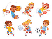 Team sport. Volleyball, football, basketball, rugby, handball, dodgeball. Set. Colorful cartoon characters. Funny vector illustration. Isolated on white background