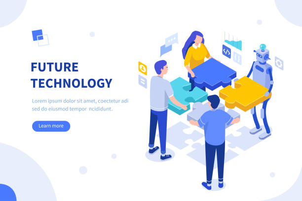 team Interaction between team and robot. Can use for web banner, infographics, hero images. Flat isometric vector illustration isolated on white background. artificial intelligence illustrations stock illustrations