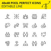 Simple set of  stroke icons for team work and business people. Contains such icons as meeting, collaboration, inspector, team structure etc. 48x48 Pixel perfect. Editable line. Vector-Vector.