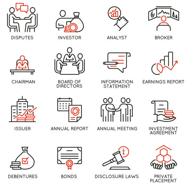 Team work and stakeholders icons - part 2 Vector set of linear icons related to business process, team work, human resource management and stakeholders. Mono line pictograms and infographics design elements - part 2 shareholder stock illustrations