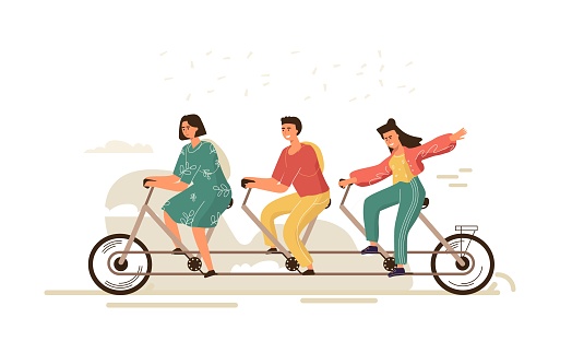 Team work bike. Cartoon businessman characters on three-person bike, team building and cooperation concept. Vector trendy banner