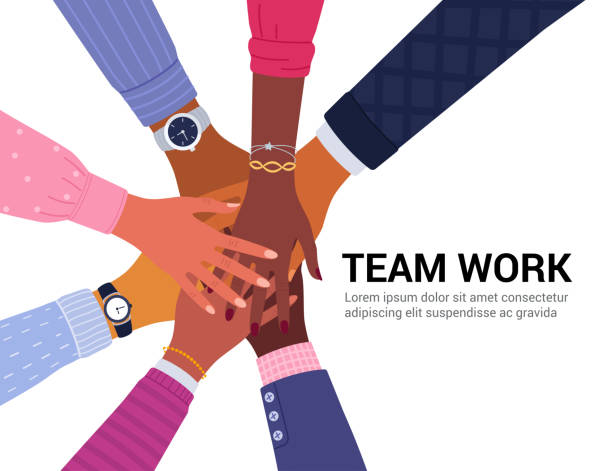 Team work concept. Vector illustration of young diverse business people putting their hands together. Place for your text. Isolated on white. partnership teamwork stock illustrations
