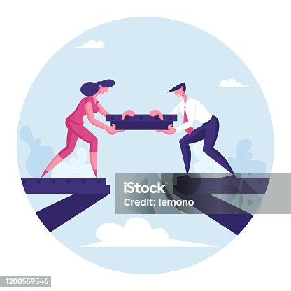 istock Team Work Metaphor. People Put Piece of Metal Construction for Making Bridge. Teamwork Cooperation. Male and Female Characters Partnership and Compromise in Business. Cartoon Flat Vector Illustration 1200559546