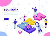 Teamwork concept with puzzle. Can use for web banner, infographics, hero images. Flat isometric vector illustration isolated on white background.