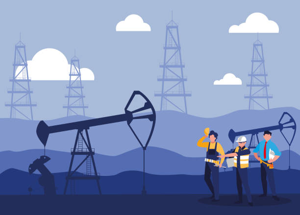 ilustraciones, imágenes clip art, dibujos animados e iconos de stock de trabajadores del equipo extrayendo petróleo - gas pump