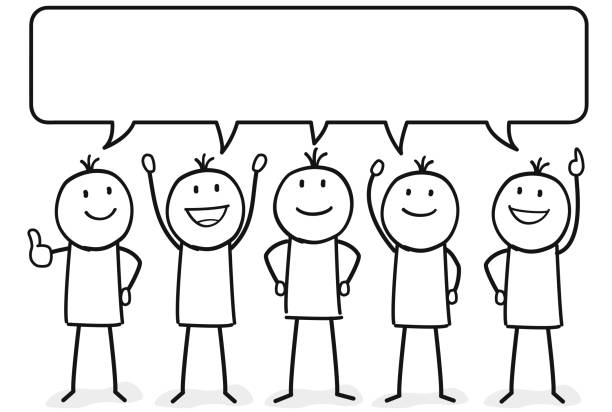 team works together and has a common idea with an empty speech bubble team works together and has a common idea with an empty speech bubble stick figure stock illustrations