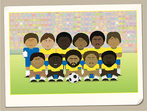 Team yellow Cartoon football team poster/sticker. yellow shirts and retro hair styles cartoon of a stadium crowd stock illustrations