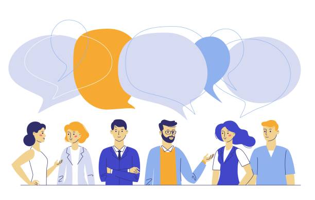 Teamwork and communication concept with young man and woman talking together Business people group and speech bubbles. Meeting and brainstorming. businessman backgrounds stock illustrations