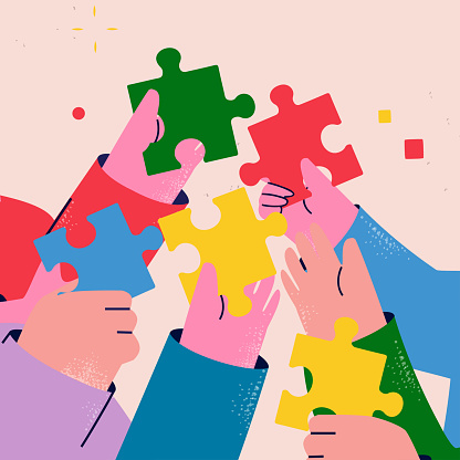 Teamwork and team building, corporate organization and partnership, problem solving, creative solution, innovative business approach, brainstorming, unique ideas and skills flat vector illustration