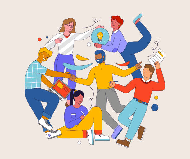 Teamwork concept. Employees work together in office vector art illustration