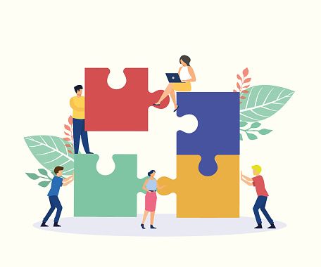 Teamwork concept, people connecting piece puzzle elements. Business leadership, partnership illustration.People working together with giant puzzle elements. Symbol of partnership and cooperation.