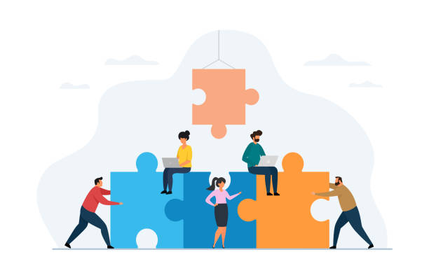Teamwork concept. Team people working together with giant puzzle elements. vector art illustration