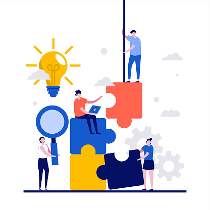 Teamwork concept with character. Coworker putting jigsaw puzzle together. Successful problem solving. Smart management. Modern flat style for landing page, mobile app, infographics, hero images.
