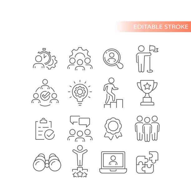Teamwork, human resources line icon set Business management, employees achievement outlined icons businessman borders stock illustrations