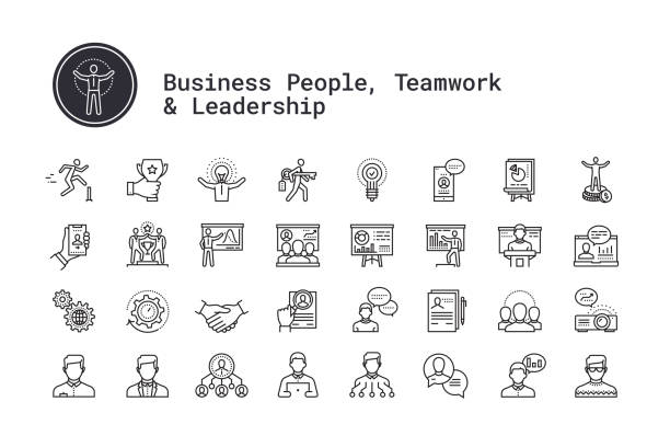 Teamwork, management, business people, presentation, public speech linear icons set. Vector clip art collection isolated on white background. Business people, human resources, presentation, leadership and motivational speech thin line icons. Modern linear illustration concept for web and mobile app. Management, employee organization structure, team work, training seminar, conference speaker person vector icons collection. presentation speech stock illustrations