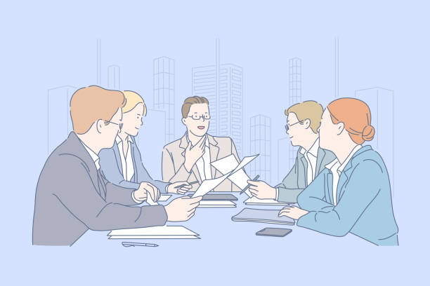 Teamwork, meeting, cooperation, business concept. Teamwork, meeting, cooperation, business concept. Young men and women, businessmen make an important decision for the company. Office clerks or management plans development. Jury. Flat simple vector. board of directors stock illustrations