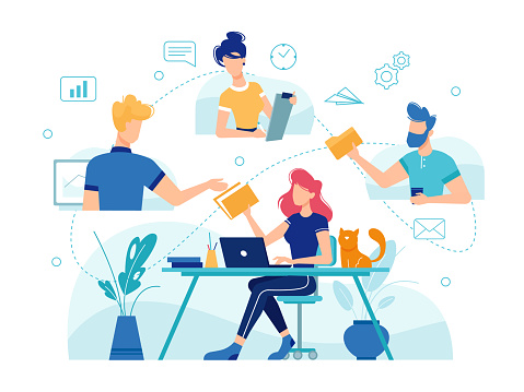 Teamwork online home office, team people work management and communication, vector flat and thin line illustration. Home office freelance teamwork online management tasks, e-mail and video conference