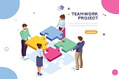 Conceptual web seo illustration. Landing page for stylish website. Teamwork project, web agency or male young employee and new company project. Sticker for web banner. Flat isometric vector images.