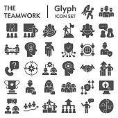 Teamwork solid icon set, Business or career signs collection, sketches, logo illustrations, web symbols, glyph style pictograms package isolated on white background. Vector graphics
