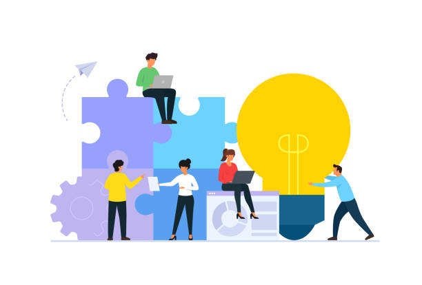 Teamwork. Team building and business partnership concepts. People connecting pieces of puzzles. vector art illustration