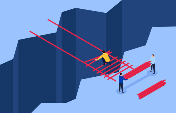 Teamwork to build a ladder through the cliff  adversity stock illustrations