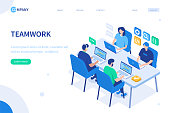 People team work together. Can use for web banner, infographics, hero images. Flat isometric vector illustration isolated on white background.