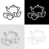 Icon of "Teapot and cup" for your own design. Four icons with editable stroke included in the bundle: - One black icon on a white background. - One blank icon on a black background. - One white icon with shadow on a blank background (for easy change background or texture). - One line icon with only a thin black outline (in a line art style). The layers are named to facilitate your customization. Vector Illustration (EPS10, well layered and grouped). Easy to edit, manipulate, resize or colorize. And Jpeg file of different sizes.