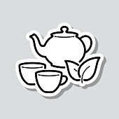 Icon of "Teapot and cup" on a sticker with a drop shadow isolated on a blank background. Trendy illustration in a flat design style. Vector Illustration (EPS10, well layered and grouped). Easy to edit, manipulate, resize or colorize. Vector and Jpeg file of different sizes.