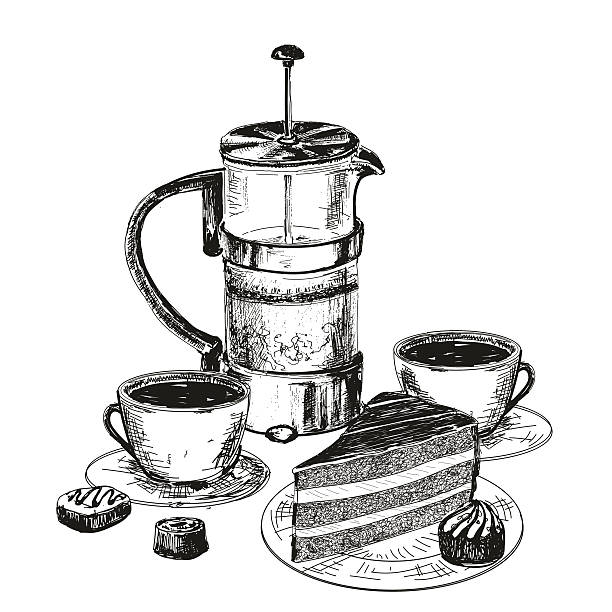 ilustrações de stock, clip art, desenhos animados e ícones de bule de chá, copo e bolo de chocolate - bolos de chocolate