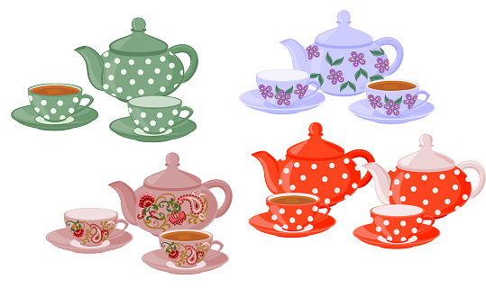 Teapots and cups with different patterns.