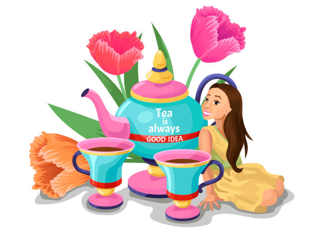 herbata-rzeczy, czajnik i filiżanki herbaty, dziewczyna siedzieć na ceremonii herbaty lub brunch. ilustracja wektorowa - curley cup stock illustrations