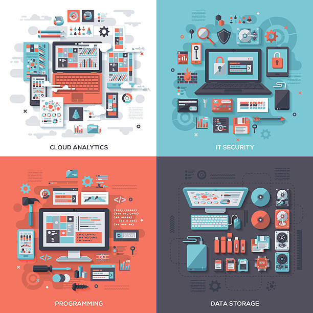 Tech & IT Security Flat Design Concepts Concept illustrations with flat design-styled vectors themed on cloud analytics, IT security, programming and data storage. EPS 10 file, layered & grouped,  compact disc illustrations stock illustrations