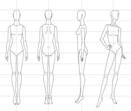 Technical drawing of woman's figure sketch. Vector thin line girl model template for fashion sketching. Woman's body. The position of the hand at the waist. 10 eps design and separate layers.