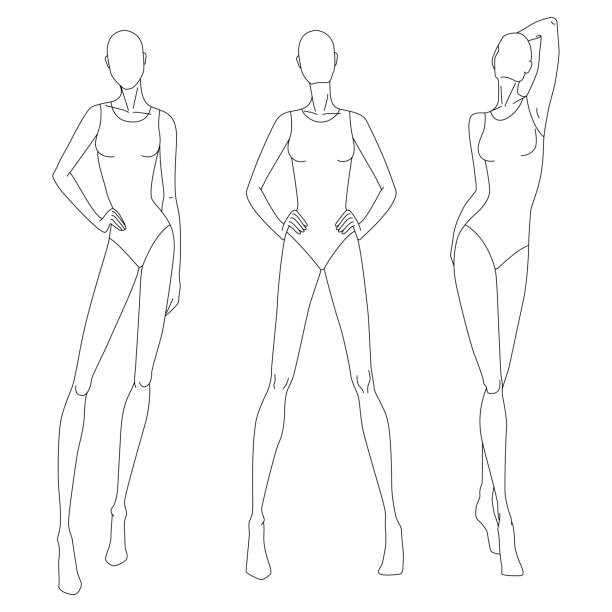Technical drawing of woman's figure. Vector thin line girl model template for fashion sketching. Woman's body poses. The position of the hand at the waist and walking on runway. Separate layers. Technical drawing of woman's figure. Vector thin line girl model template for fashion sketching. Woman's body poses. The position of the hand at the waist and walking on runway. Separate layers. fashion sketches stock illustrations
