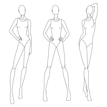 Technical Drawing Of Womans Figure Vector Thin Line Girl Model Template For Fashion Sketching