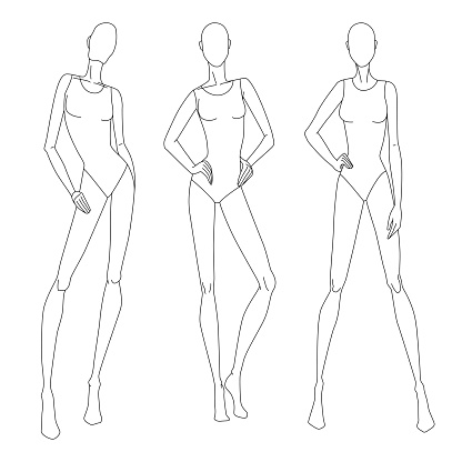 Technical drawing of woman's figure. Vector thin line girl model template for fashion sketching. Woman's body poses. The position of the hand at the waist and walking on runway. Separate layers.