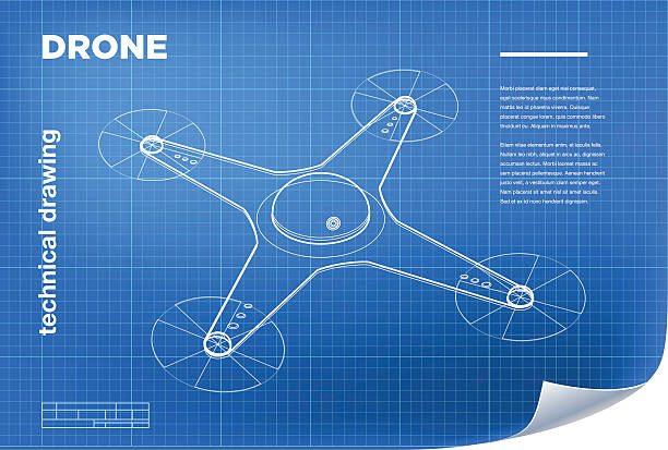 Technical Illustration with vector isometric line quadcopter drone Technical Illustration with vector isometric line quadcopter drone drawing on the blueprint. drone drawings stock illustrations