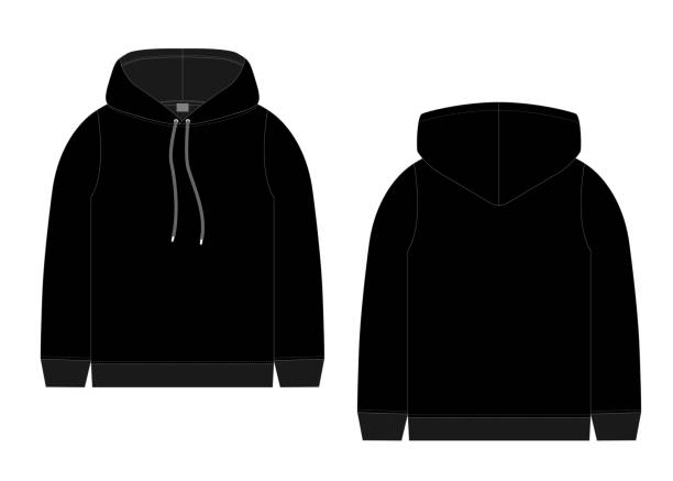 Technical sketch for men black hoodie. Mockup template hoody. Technical sketch for men black hoodie. Mockup template hoody. Front and back view. Technical drawing kids clothes. Sportswear, casual urban style. Isolated object of fashion stylish wear blank hoodie template drawing stock illustrations