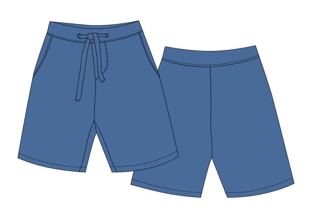 Technical sketch sport shorts pants design. Boy clothes template. Blue color. Technical sketch sport shorts pants design. Boy clothes template. Blue color. Casual style. CAD mockup. Back and front view. Design for packaging, fashion catalog. Fashion vector illustration short hair stock illustrations