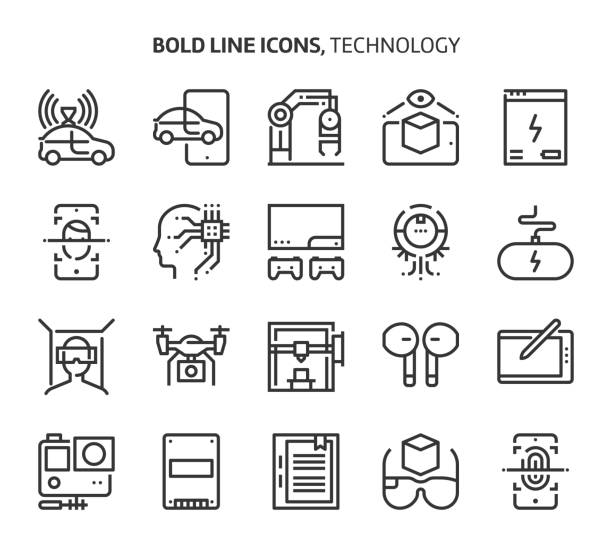 Technology, bold line icons Technology, bold line icons. The illustrations are a vector, editable stroke, 48x48 pixel perfect files. Crafted with precision and eye for quality. drone patterns stock illustrations