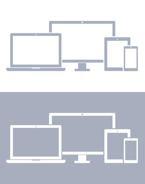 Technology Devices; Computer Monitor, TV, Laptop, Tablet, Smartphone Icon Sets In Gray Color vector art illustration