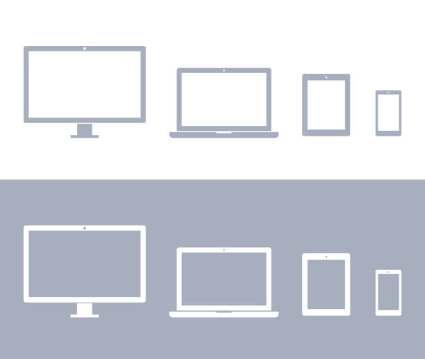 Technology Devices; Computer Monitor, TV, Laptop, Tablet, Smartphone Icon Sets In Gray And White Color vector art illustration
